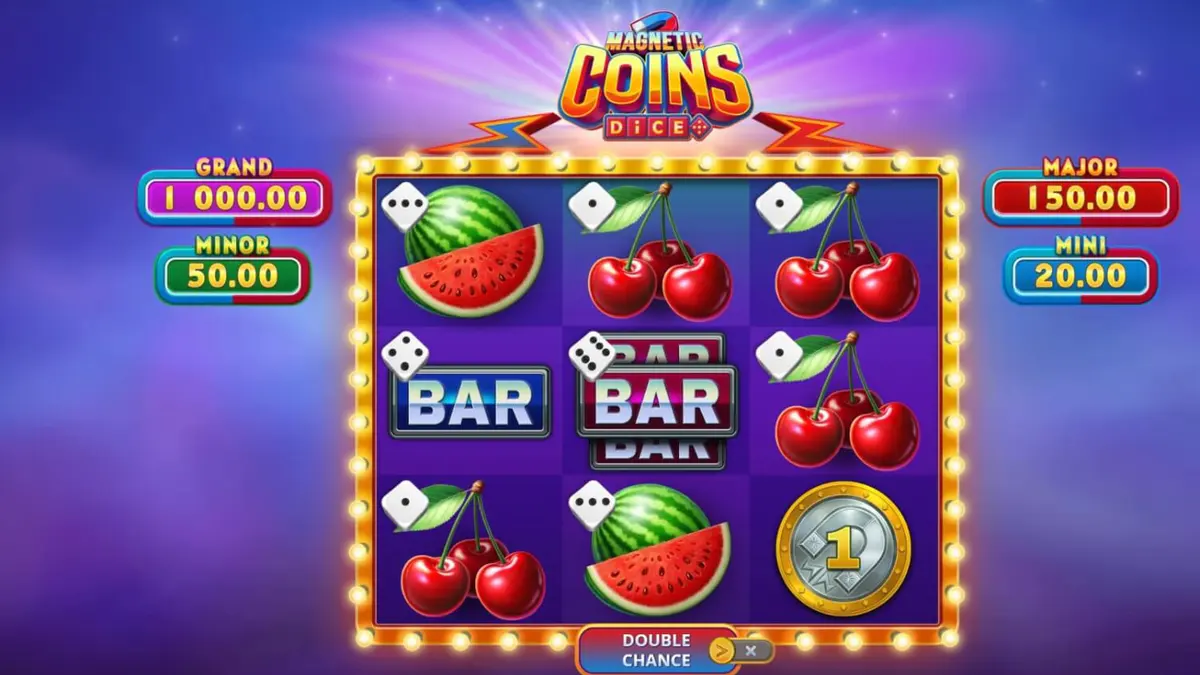 Interface do jogo de slot Magnetic Coins Dice com símbolos brilhantes e temática metálica