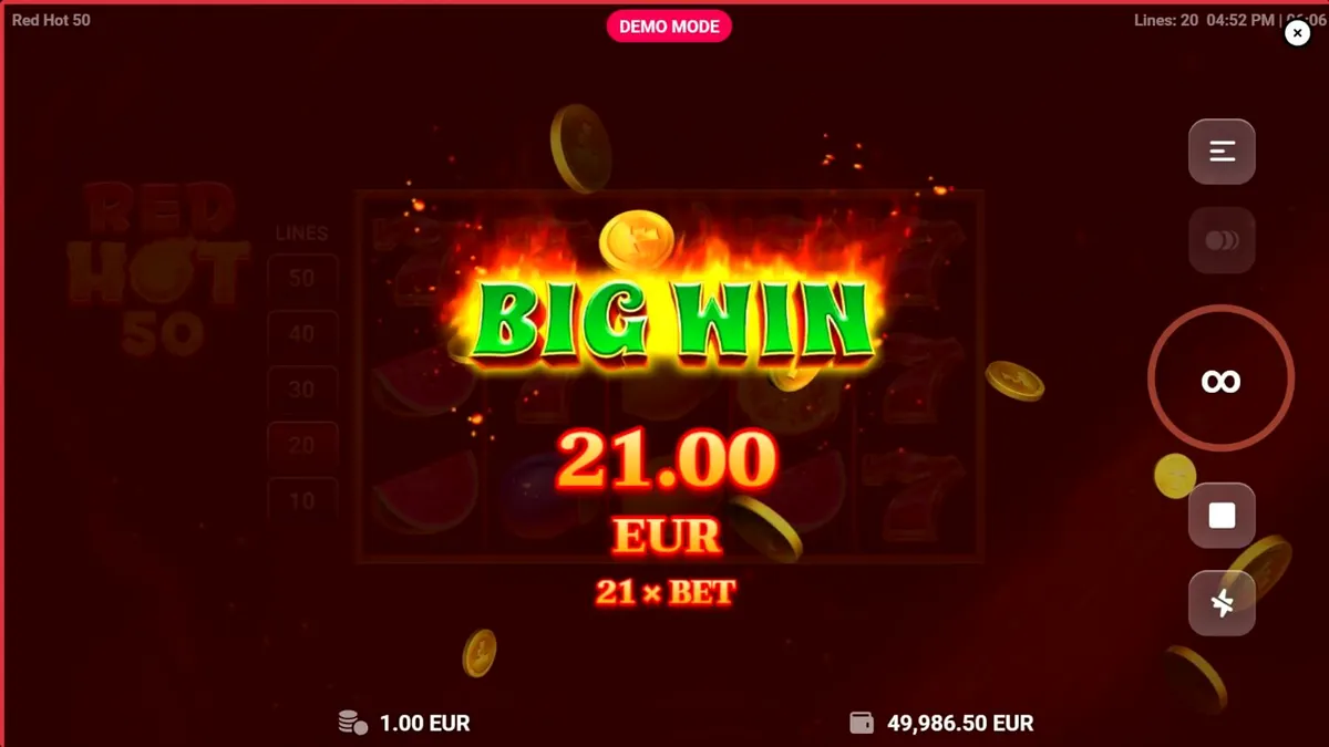 Interface do slot Red Hot 50 com tema de fogo e frutas