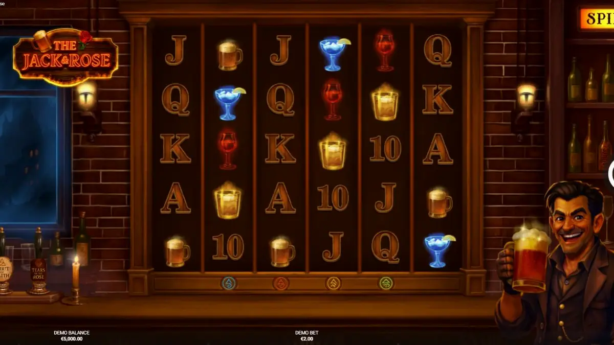 O slot The Jack & Rose com tema de bar apocalíptico e luzes neon