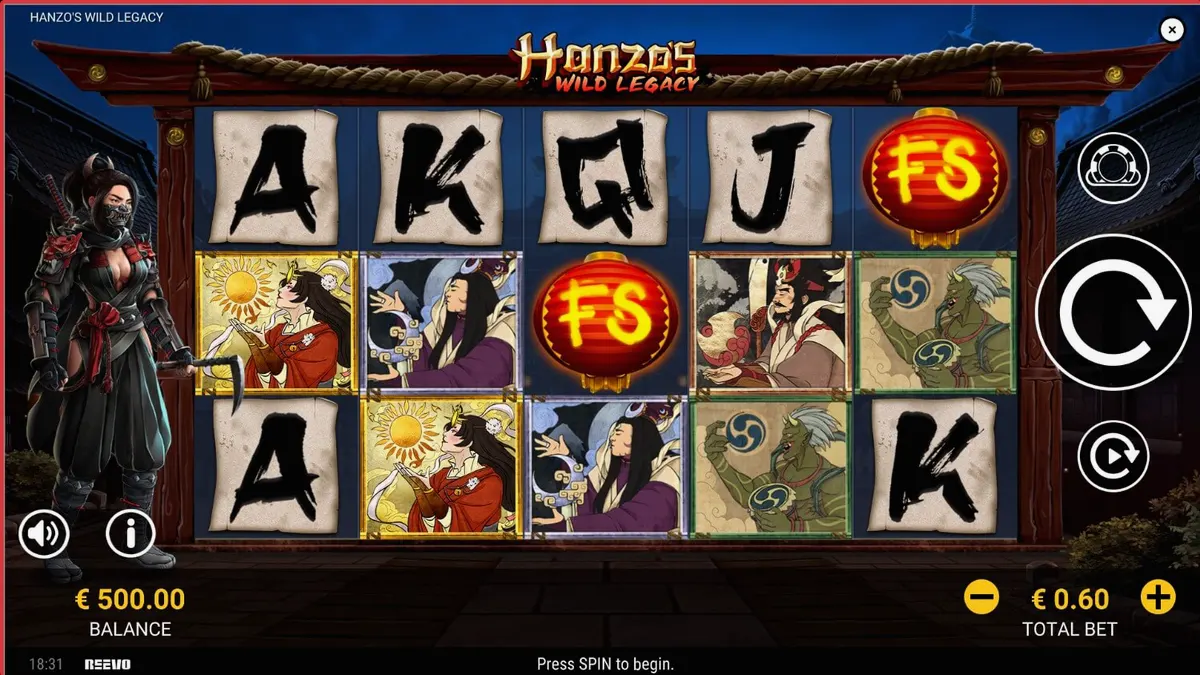 Ninja feminina em um cenário noturno de Japão feudal no slot Hanzo's Wild Legacy